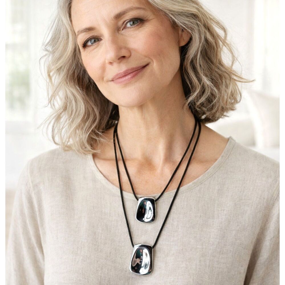 J. Jill Layered Necklace Silver Tone Sculpted Pendants Black Cord Adjustable NWT